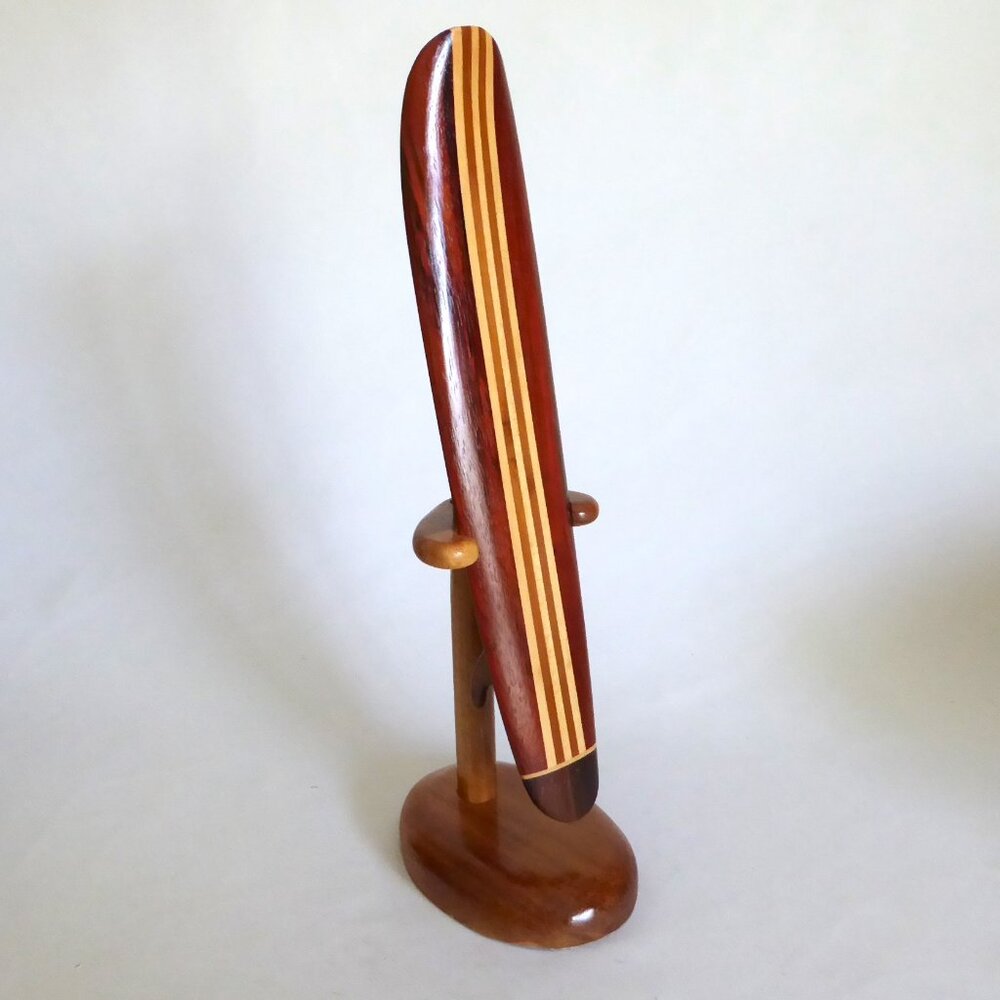 VINTAGE KOA WOOD VERTICAL STRIPE 12” MINIATURE LONGBOARD SURFBOARD DISPLAY STAND